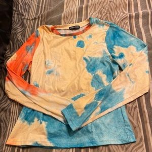 Orange, Blue, light cream tie dye shirt